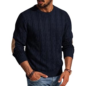 PJ PAUL JONES Mens Sweater with Elbow Patches Cable Knit Pullover | Crew Neck, Classic Textured, Solid Color, Long Sleeve, Ca