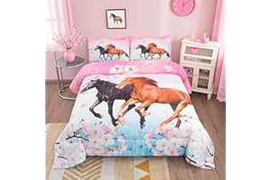Feelyou Girls Horse Bedding Set Twin Size Galloping Horses Comforter Set for Kids Teens Cherry Blossom Comforter 3D Wild Animal Duvet Set Farmhouse Bedroom Decor Quilt Set 2Pcs