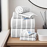 Lucky Brand Reversible Stripe 6 Piece Bath Towel Set - (2) Bath Towels, (2) Hand Towels, and (2) Washcloths - Grey/Blue Premium Bathroom Towel Set