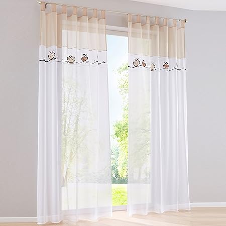 HongYa 1er-Pack Voile Eule Muster Bestickte Gardine Transparenter Vorhang Dekoschal H/B 245/140 cm Sand mit Schlaufen