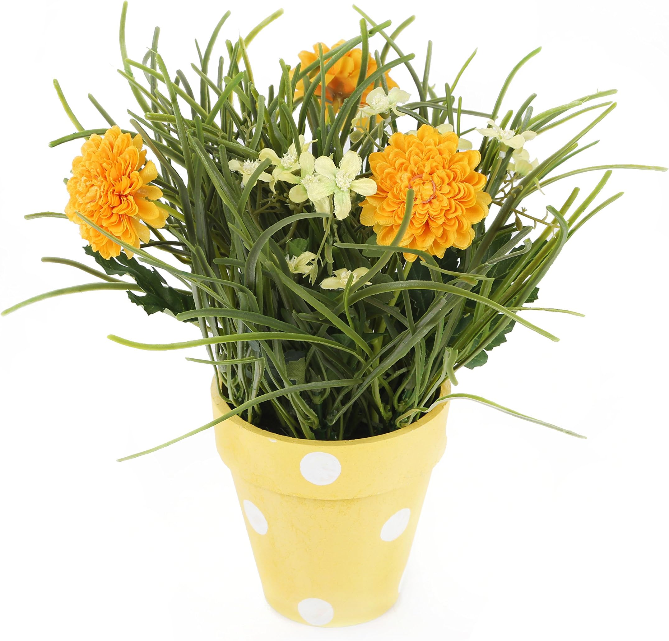 Closer2Nature Artificial 27cm Golden Yellow Chrysanthemum Plant Display in a Decorative Polka Dot Pot, Faux Flowers Decoration Plants for Indoors in Home, Kitchen, Lounge and Office