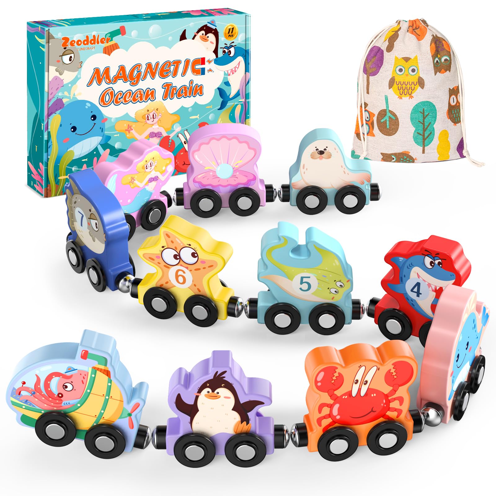 Photo 1 of Zeoddler Toys for Toddlers, 11 Magnetic Wooden Sea Animals Train Set, Montessori Toys for Toddlers, Educational Activities for Kids, Birthday Gifts for Boys, Girls