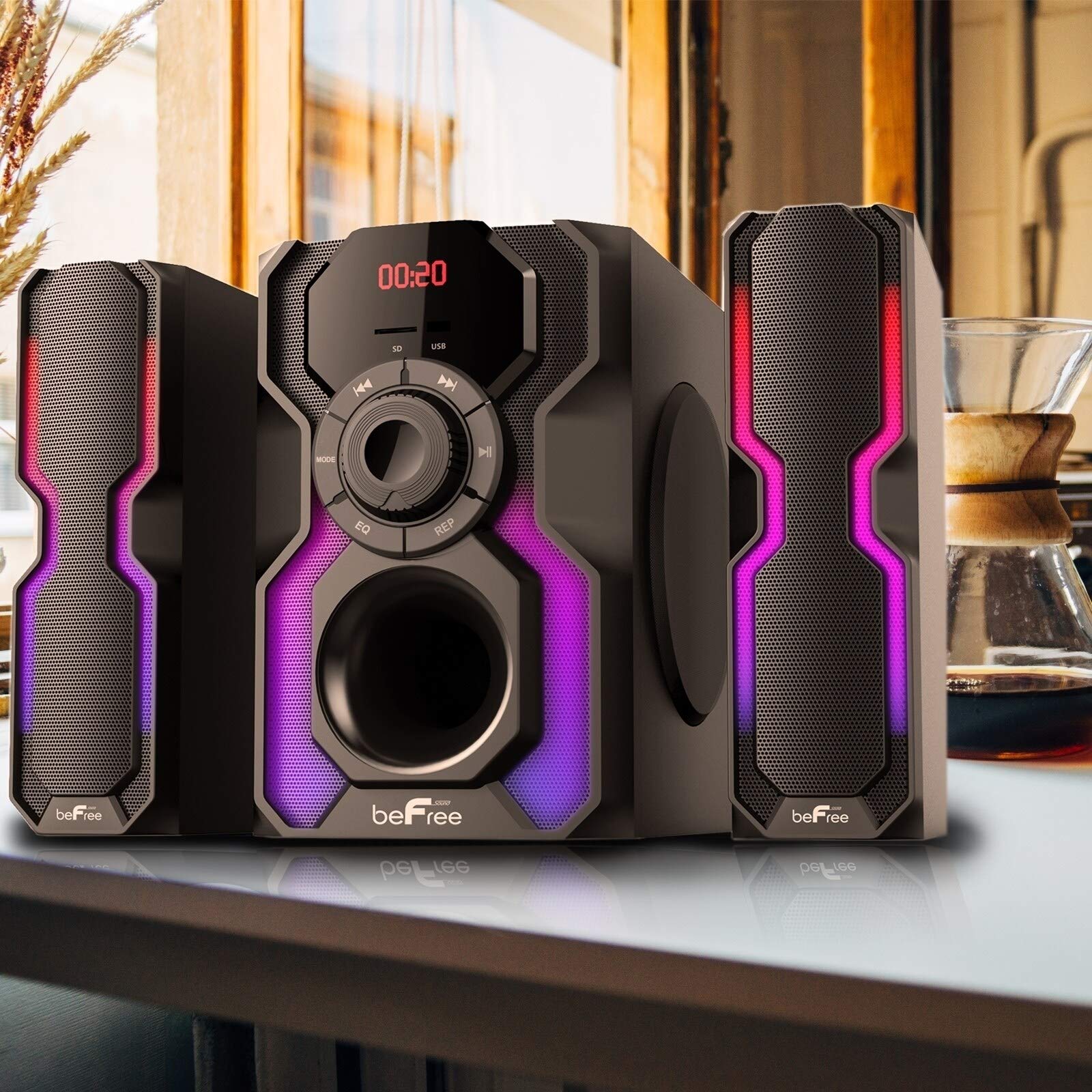 beFree Sound 2.1 Channel Bluetooth Multimedia Wired Speaker Shelf Stereo System with Reactive LED Lights, FM Radio, USB, and SD Inputs