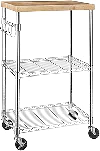 AmazonBasics Kitchen Rolling Microwave Cart on Wheels, Storage Rack, Wood/Chrome