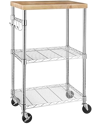 AmazonBasics Kitchen Rolling Microwave Cart with Wood/Chrome Rack