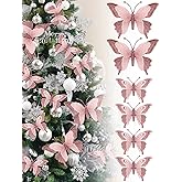 3D Glitter Christmas Butterfly Ornaments, 6 Pack Hanging Butterfly with Clip for Christmas Tree Decoration, Indoor Christmas Decoration (6, Pink &Diamonds)