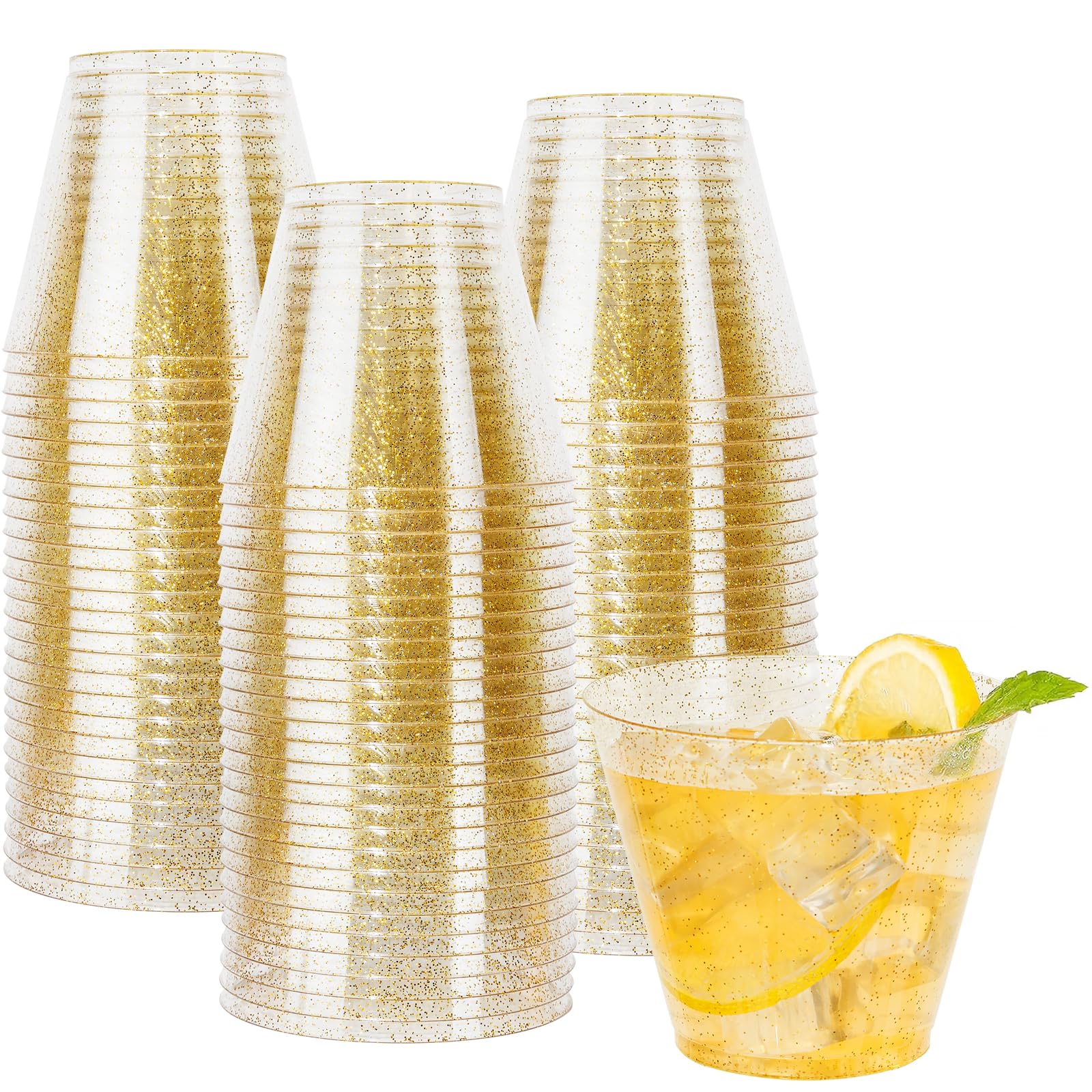 Photo 1 of I00000 100pcs Gold Plastic Cups - 9 OZ Hard Gold Glitter Disposable Cups for Cocktail And Drinking - Premium Disposable Plastic Cups with Gold Glitter for Fancy Wedding & Elegant Party Cups