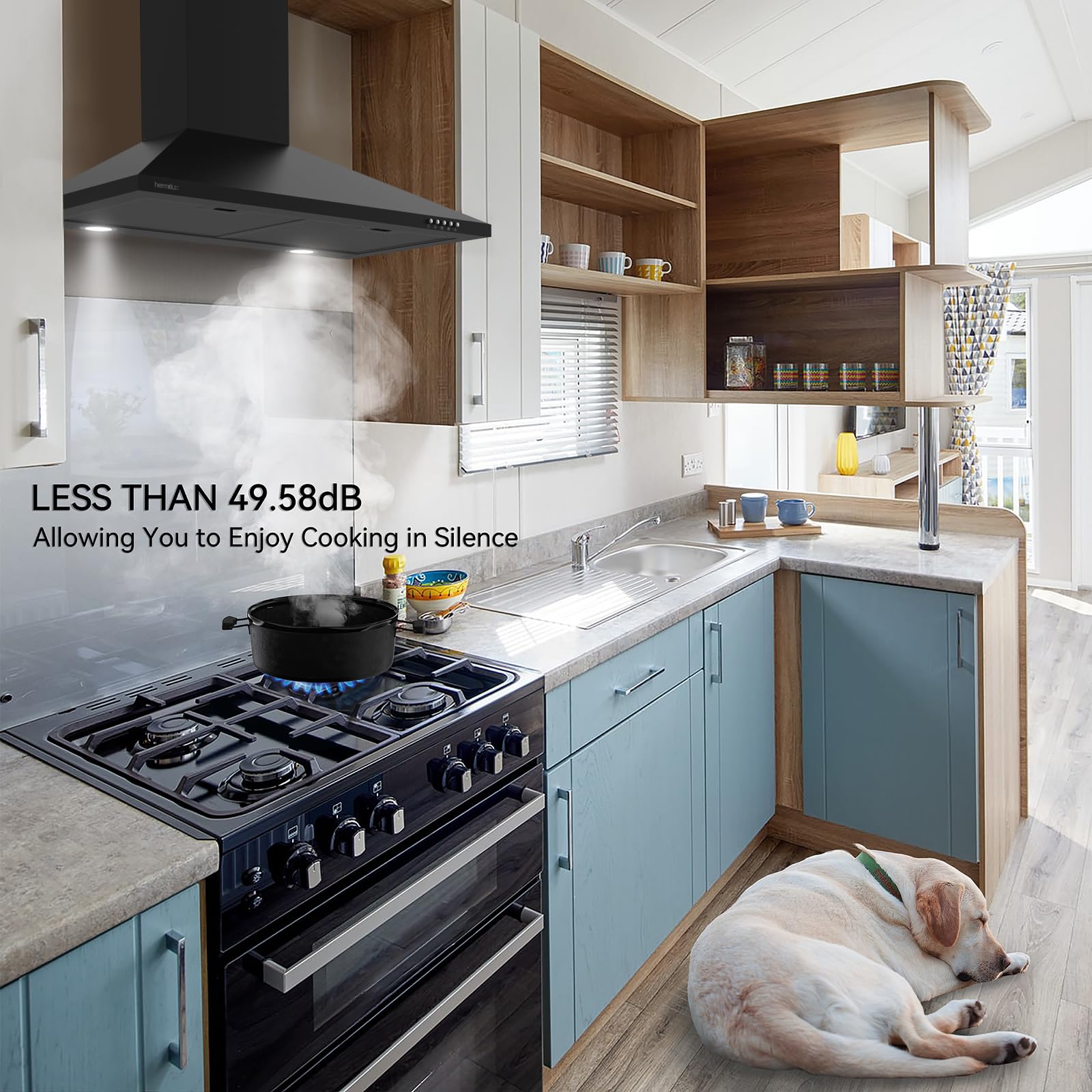 Hermitlux Range Hood 30 inch, Wall Mount Vent Hood for Kitchen with Charcoal Filter, Ducted/Ductless Convertible, Black