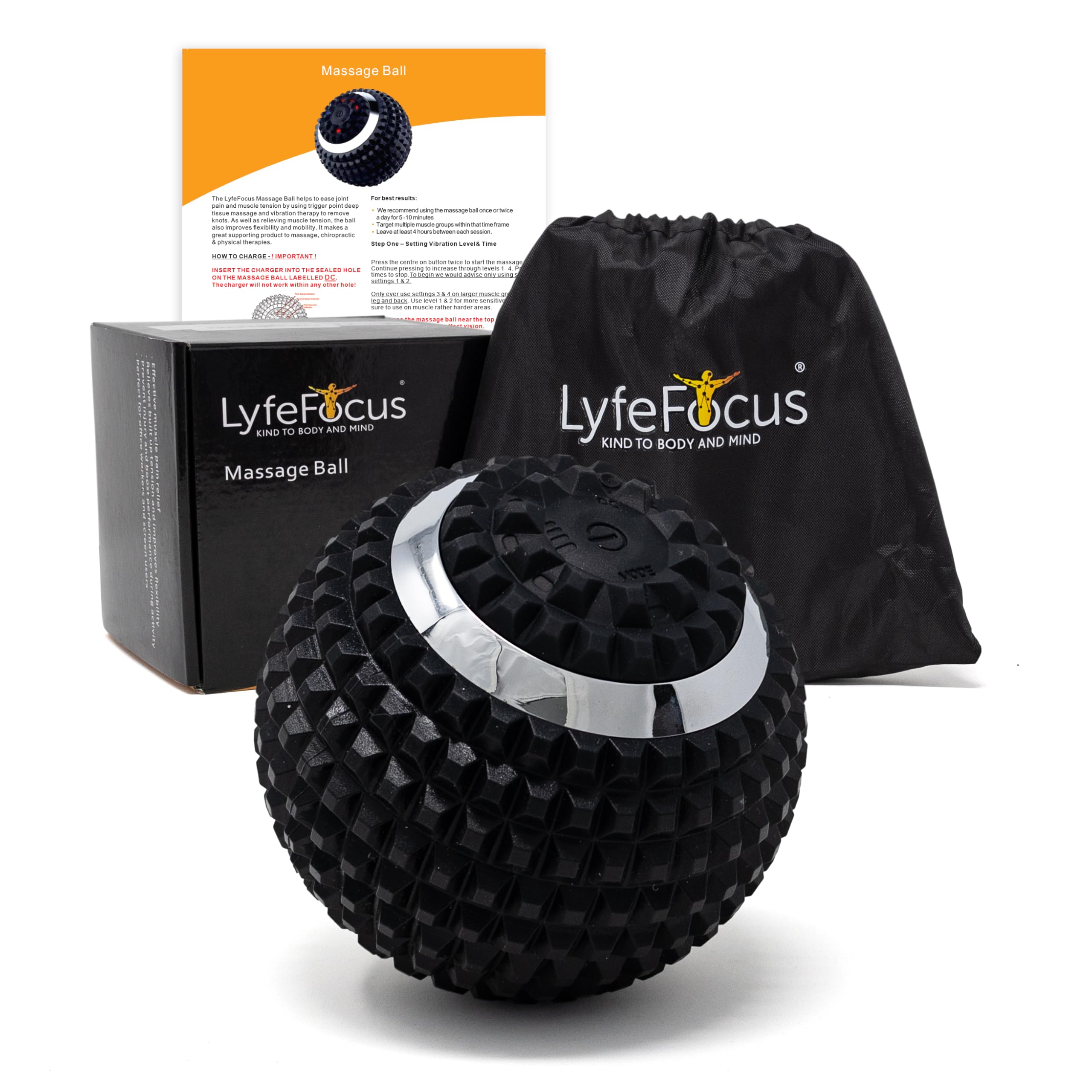LyfeFocus Massage Ball with 4 Safety Approved Vibration Settings for Pain and Muscle Tension Relief - Specialist Approved Sports Trigger Point Massage Roller Ball - with Carry Bag (Black)