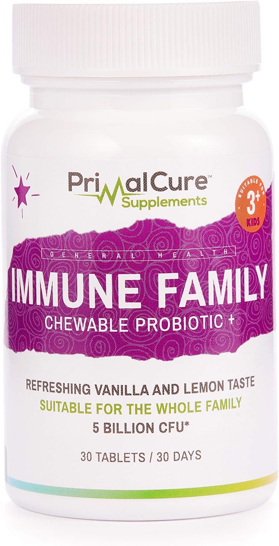 Primal 80612 Immune Chewable Probiotic Vanilla & Lemon Flavour, Digestive Health Support, Suitable for Ages 3+, 30 Tablets