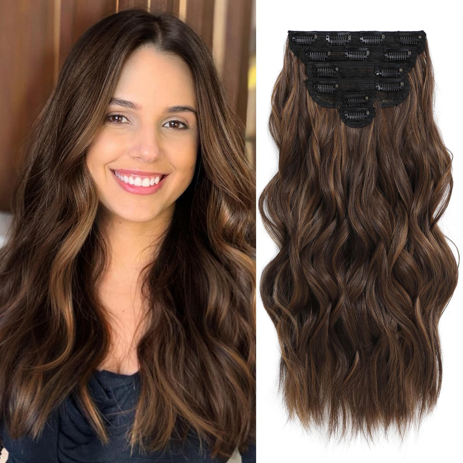 Photo 1 of Fliace Highlight balayage dark brown Hairpieces, Natural & Blends Well Clip in Hair Extensions (16inch, 6pcs, Light Brown&Honey Blonde)