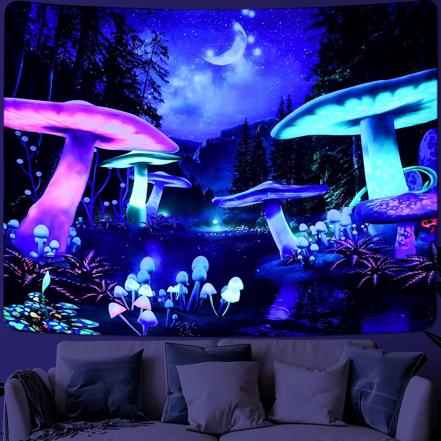 Tapestries - MitoGadget Blacklight Tapestry, Fantasy Forest Moon Tapestry UV Reactive Galaxy Space Glow In the Dark, Small Trippy Black Light Tapestry Wall Hanging for Bedroom Aesthetic, 37.4ʺ x 28.7ʺ