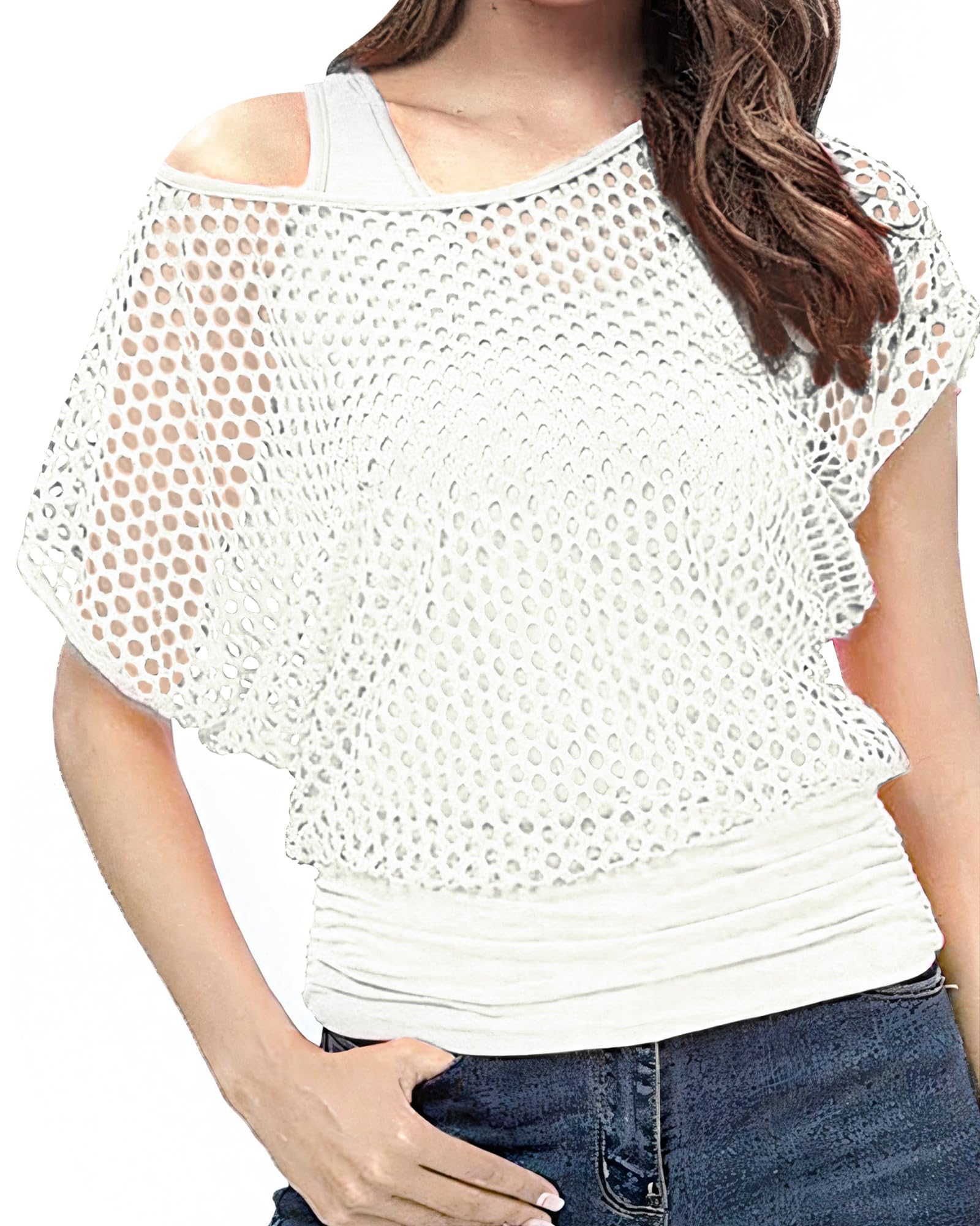 80s Fancy Fishnet Top for Women, Tank Top Off the Shoulder T-shirt 1980s Retro Theme Party Costume Accessories Cosplay — image 1