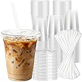 Charmount 100 Sets 16 oz Plastic Cups with Lids and Straws | Clear Disposable Cups for Dirty Soda, Iced Coffee &amp; Smoothies, Plastic Bar Supplies for Cold Drinks