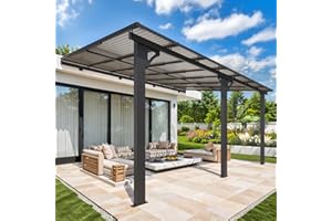 AECOJOY 10' x 14' Adjustable Height Outdoor Lean to Gazebo Pergola for Patio, Large Wall-Mounted 8.1-9.8 Ft Hard Top Metal Heavy Duty Metal Awnings Shelter Pergolas and Gazebos Clearance with Roof