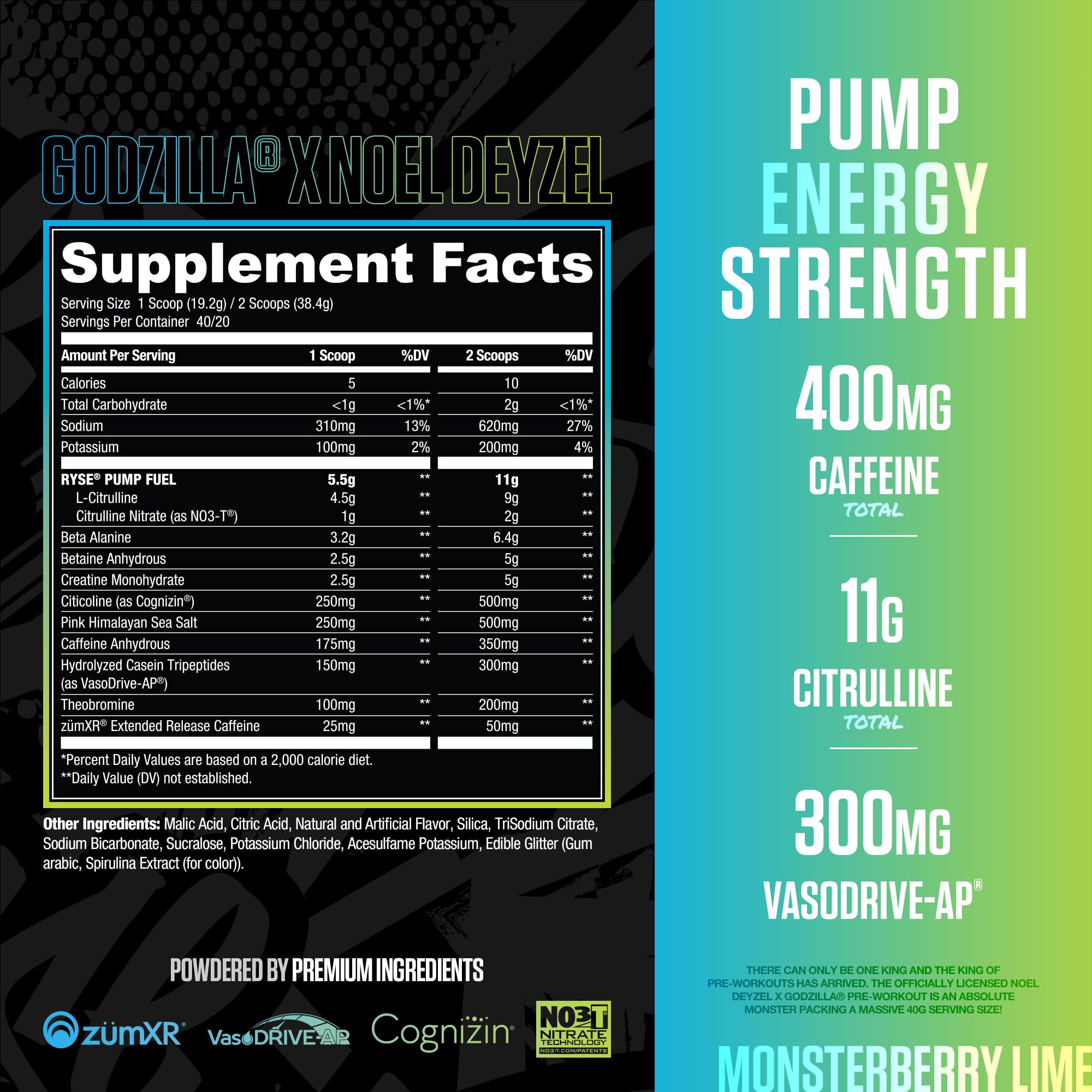 RYSE Godzilla X Noel Deyzel Pre Workout Powder - Monsterberry Lime - 400mg Caffeine, High Stim Pre-Workout for Men & Women with Citrulline & Beta Alanine - Energy, Pump & Focus - 20/40 Servings