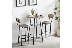 KIVENJAJA 3-Piece Bar Table Set for 2, Small 2-Tier Round Bistro Pub Dining Table & PU Upholstered Stools with Backrest, Counter Height Table and Chairs Set for Kitchen Small Space, Grey