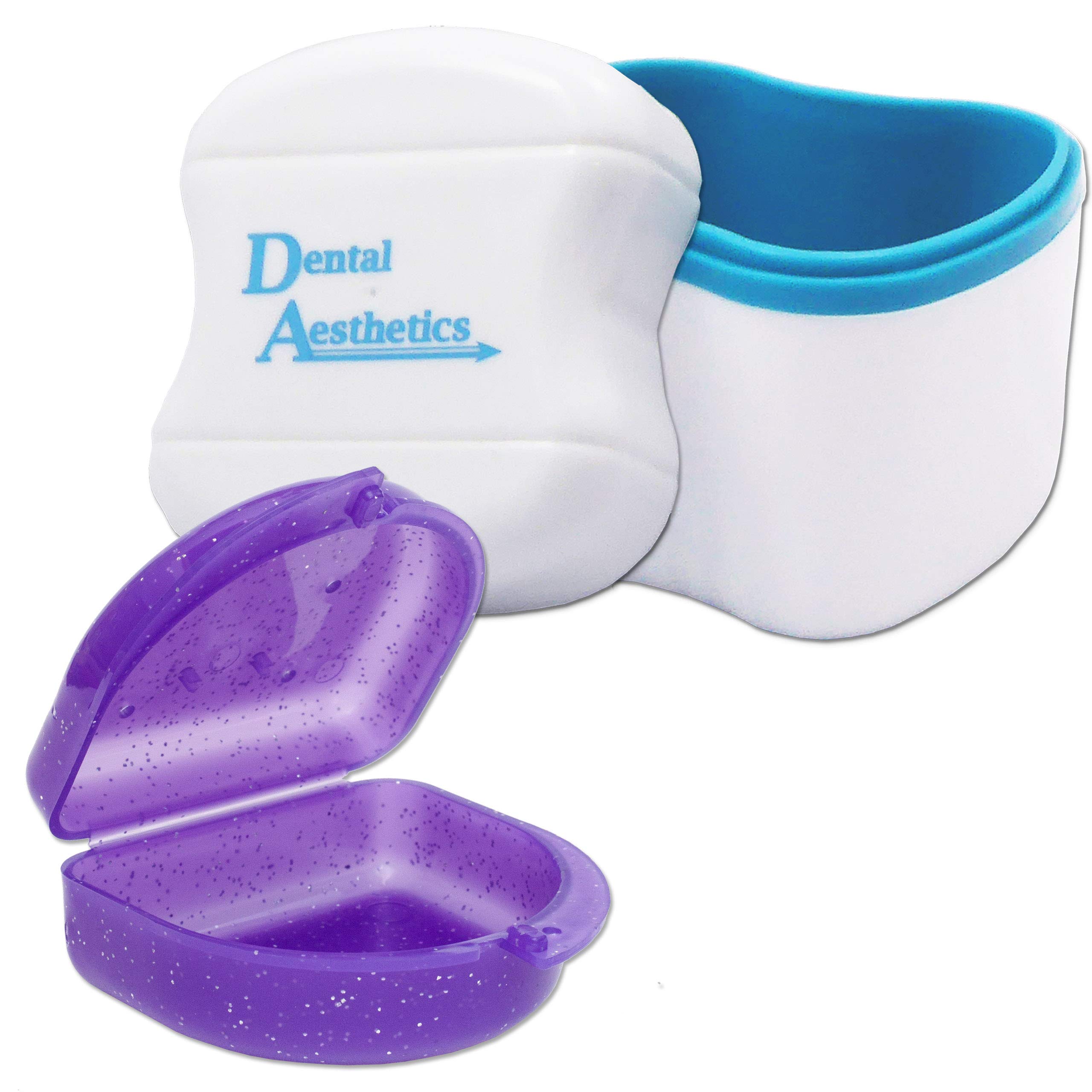 Dental Bath and Retainer Case ~ Storage Case and Container for Soaking Ortho Retainers, Sports Dental Appliances, Dentures & More (Blue Bath, Glitter Purple Case)