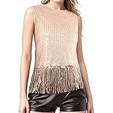 CROWN GUIDE Women's Glitter Sequin Tank Top Sleeveless Crewneck Sparkly Fringe Crop Top Party Shirt Concert Outfit