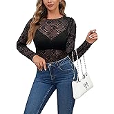 AISEW Womens Lace Floral Long Sleeve Mesh Tops Round Neck Sheer Blouse Sexy See Through Layering Top Shirts