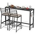 3Pcs Patio Outdoor Bar Set, 55" Patio Bar High Top Table and Chairs Set, Metal Rectangular Garden Bar Stools with 2 Cushioned, for Outside Patio Balcony Backyard Porch Deck