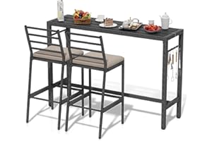 CHOOSILAY 3 Piece 55" Outdoor Bar Table and Chairs Set, Patio Bar Rectangular Patio Pub Height High Top Bar Table Set with 2 Cushioned Bar Stools, for Backyard Porch Bistro Balcony, Black