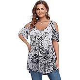 LARACE Cold Shoulder Tops for Women Plus Size V Neck T Shirts Short Sleeve Summer Clothes Button Up Tunic
