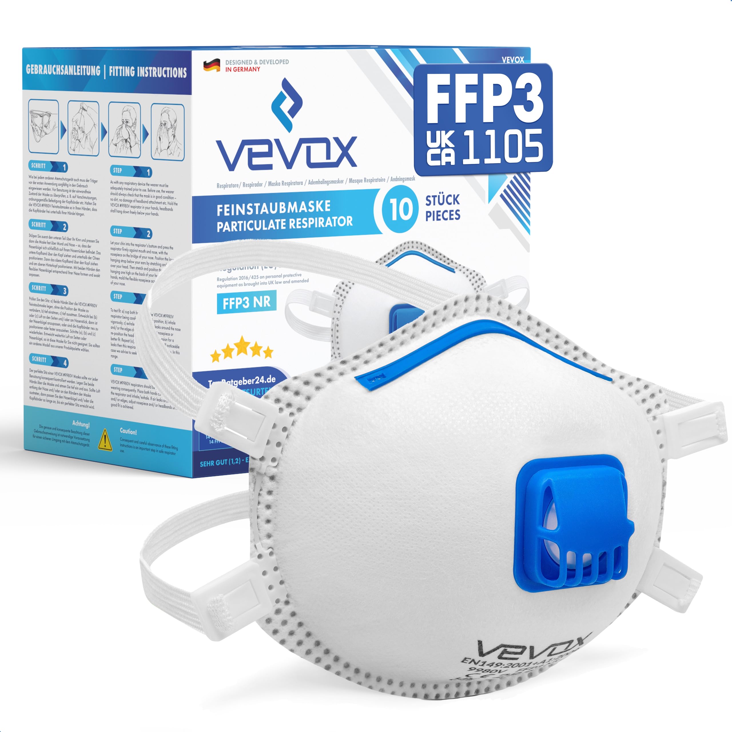 VEVOX® FFP3 Dust Mask - Set of 10 - Valved Face Masks - Respirator - Protection e.g. for Construction, Sanding, Spray Painting, Cleaning, Mould, Fine Dusts or Asbestos Particles