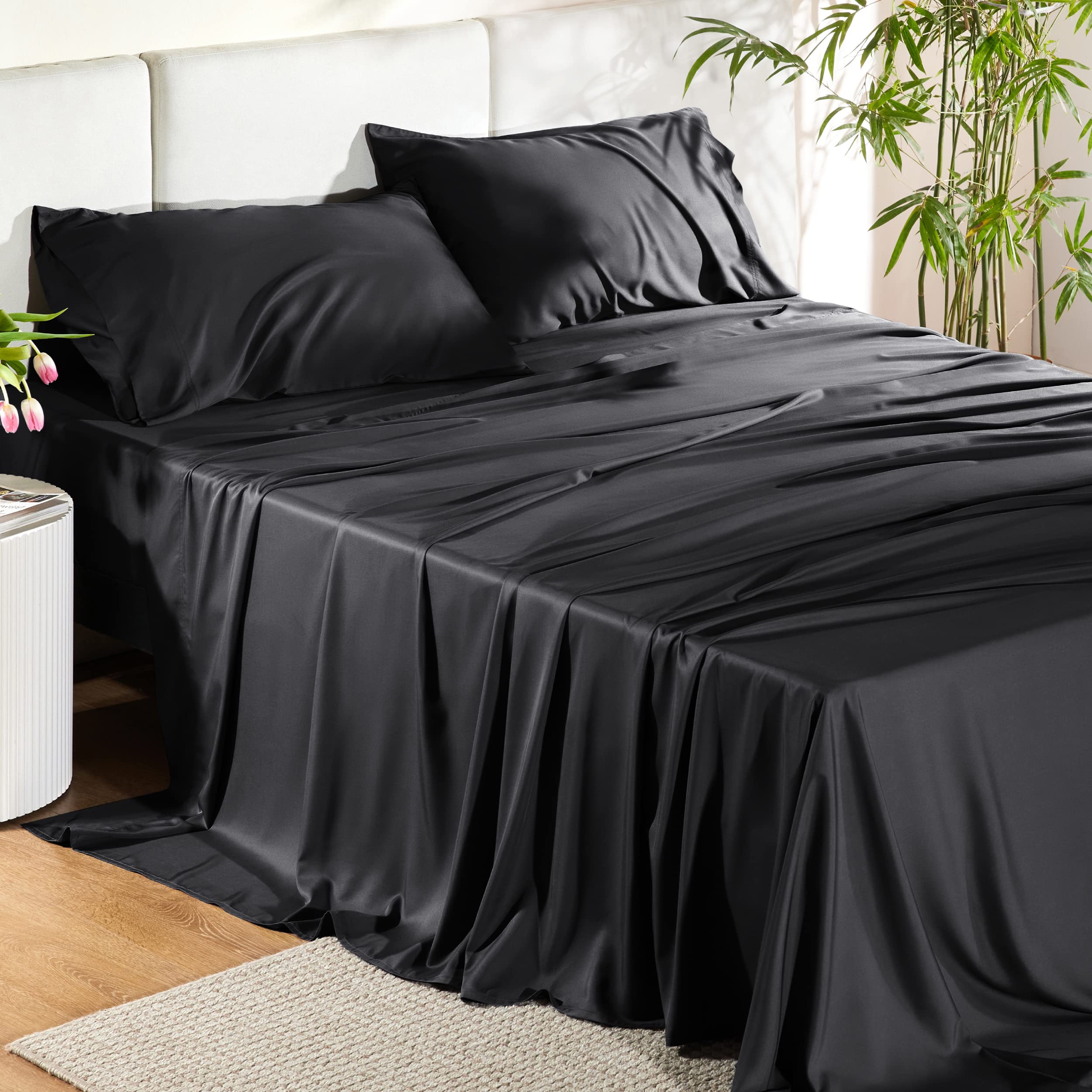 Photo 1 of Bedsure Queen Sheets, Rayon Derived from Bamboo, Queen Cooling Sheet Set, Deep Pocket Up to 16", Breathable & Soft Bed Sheets, Hotel Luxury Silky Bedding Sheets & Pillowcases, Black