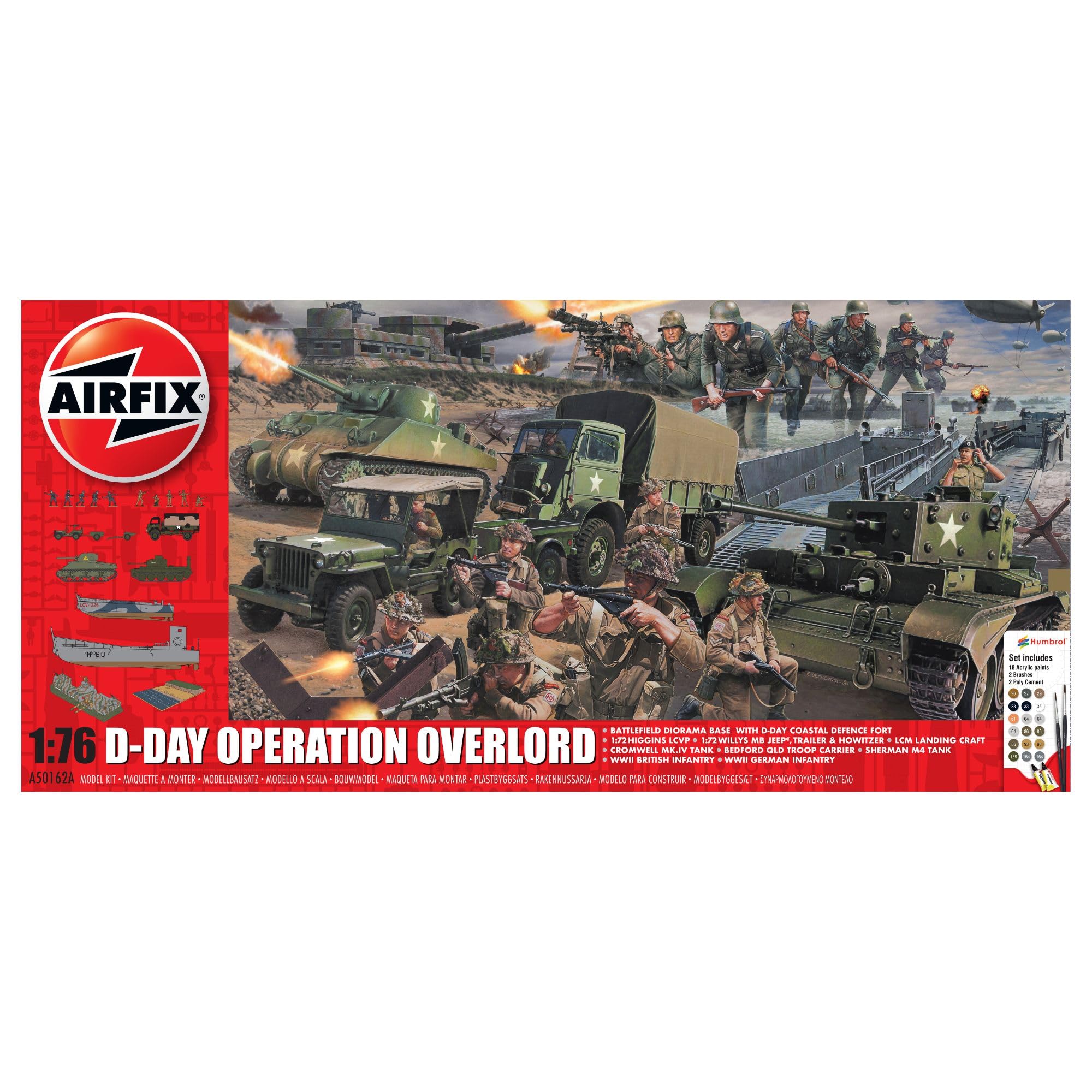 Airfix Diorama Model Building Kits - D-Day Operation Overlord Miniature Craft Kit, 1/72 Scale Plastic Model Kits for Adults, Incl. Boat Models, Tanks, Diorama Base & Figures - Military Gifts for Men