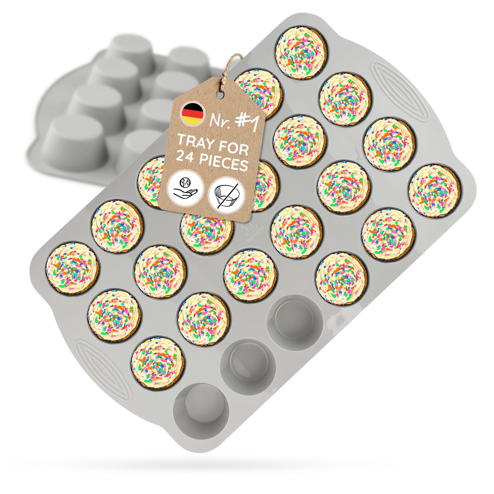 Backefix Silicone Muffin Tray 24‑Cup – mini Muffin pan for Small Muffins, Paper‑Liner‑Free Platinum Silicone, Extra‑Thick Walls Prevent bulging, Shape‑Stable, BPA‑ & PFAS‑Free