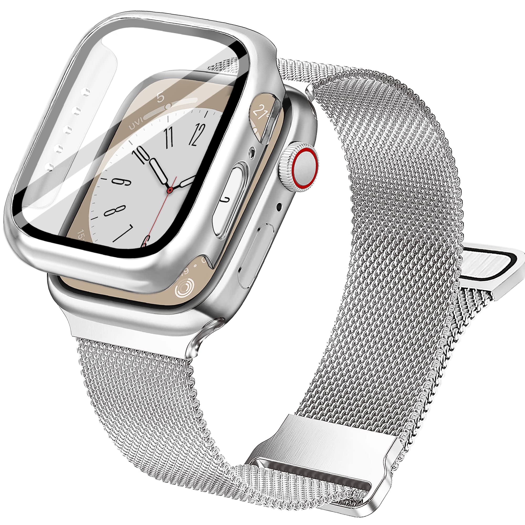 Vamyzji Compatible Apple Watch Strap + Protective Case with Screen Protector, Adjustable Magnetic Milanese Mesh Metal iWatch Strap for Series 9, 8, 7 (Silver, 45mm)