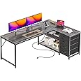 PRAISUN 61" L Shaped Desk with Power Outlets and USB-C Port, Reversible Computer Corner Office Desk with 4 Fabric Drawers and 2 Height-Adjustable Shelves, Large for Gaming Writing Work Study, Grey