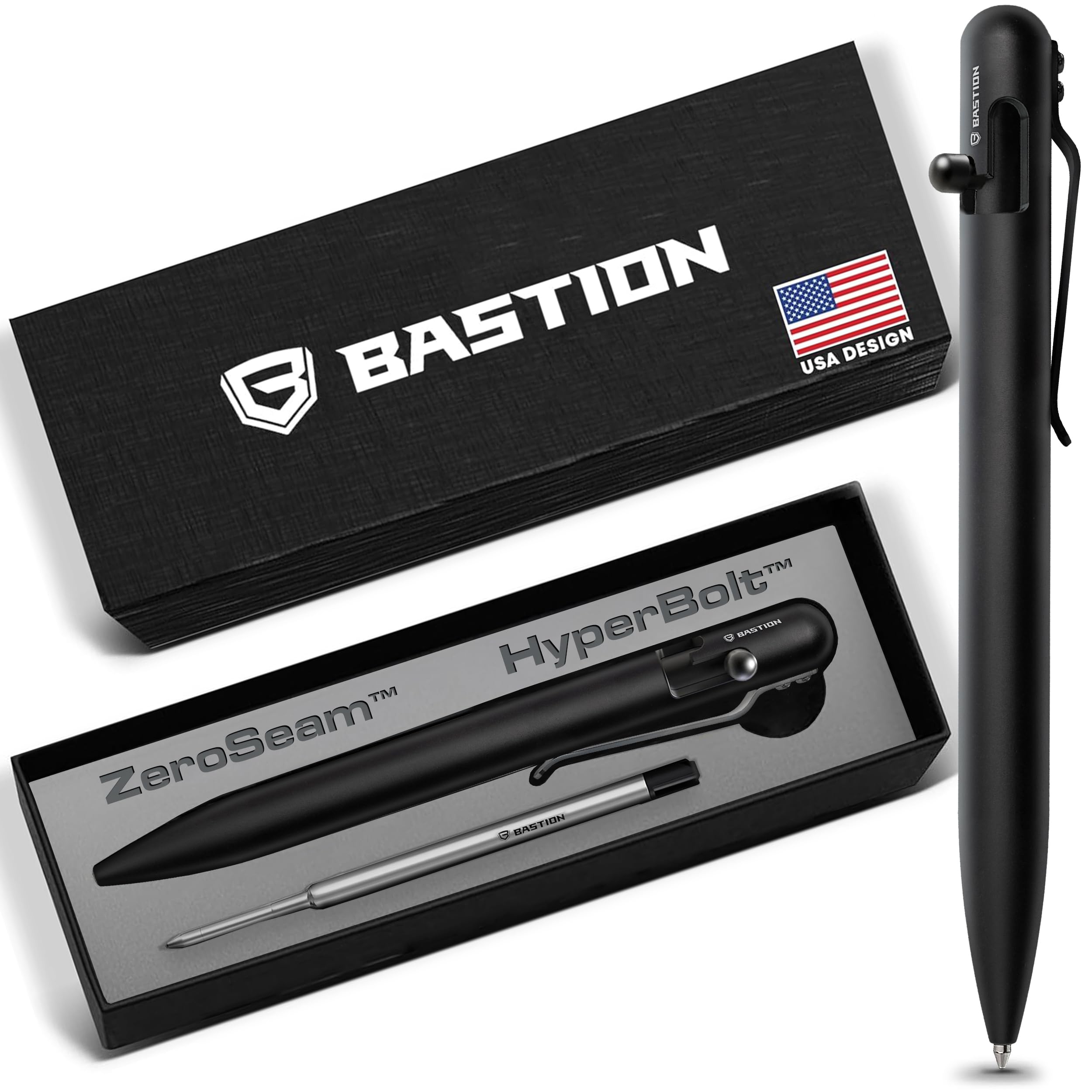 BASTION Luxury Gift Pen Exclusive Hyperbolt™ & Zeroseam™ Black Stainless Steel Ballpoint, Executive Metal Writing Instrument, premium construction, ideal for professionals, precision tool