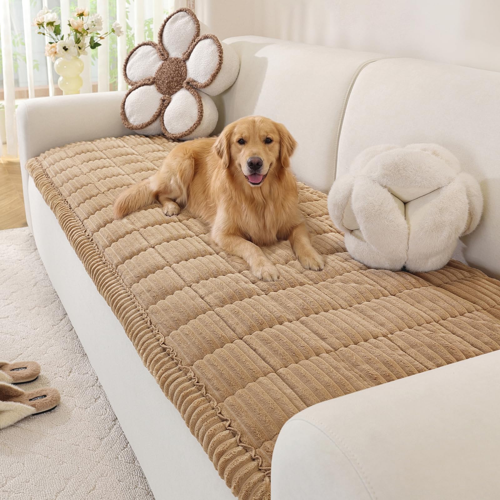 OstepDecor Washable Couch Cover for Dogs, Thick Pet Friendly Sofa Covers, Soft Couch Protector, Paw Cart Sofa Slipcovers, Cushion Protector for Leather, Sectional, Loveseat (27.6" x 70.9", Khaki) Image