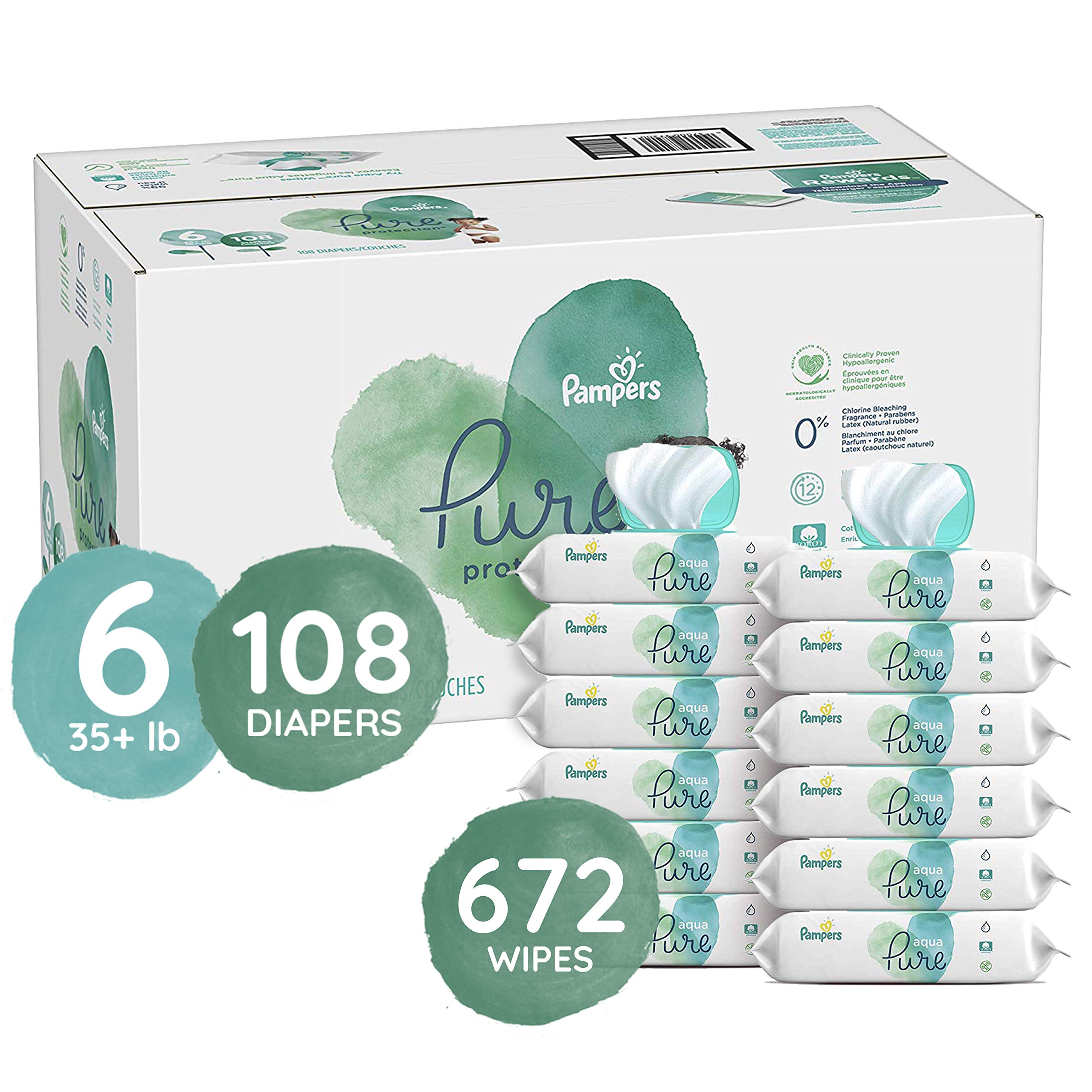 Diapers Size 6, 108 Count and Baby Wipes - Pampers Pure Protection Disposable Baby Diapers, ONE MONT