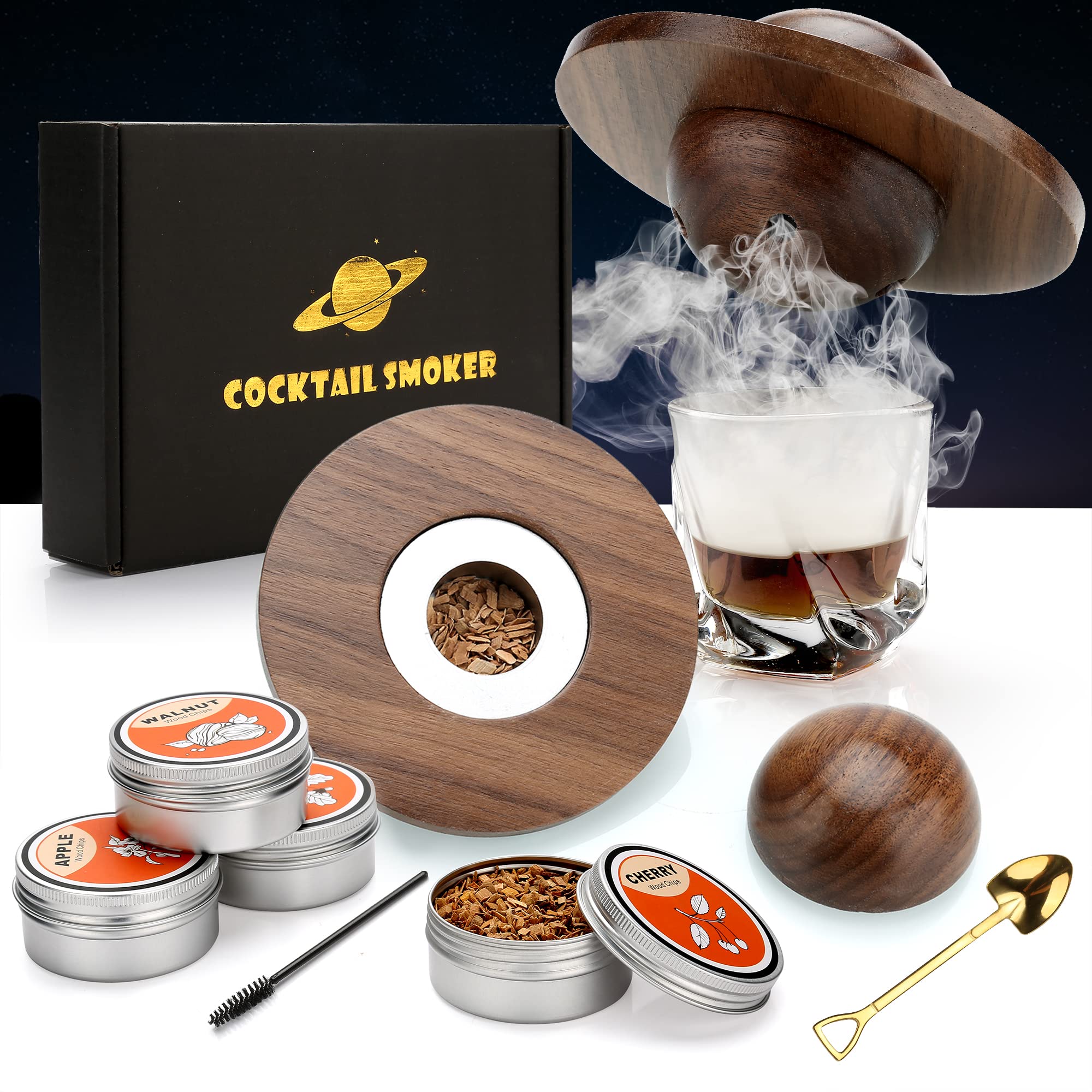Cocktail Smoker Kit with 4 Wood Chips,Old Fashioned Whiskey Smoker Kit, Whisky Smoker for Drinks, Cocktails, Wine, Bourbon, Whiskey Gift Sets Gift for Men, Husband, Dad-Walnut