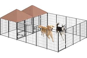 PawHut Outdoor Dog Kennel with 2 Rooms, Heavy Duty Dog Run with Rotating and Adjustable Height Bowls, Waterproof UV-Resistant