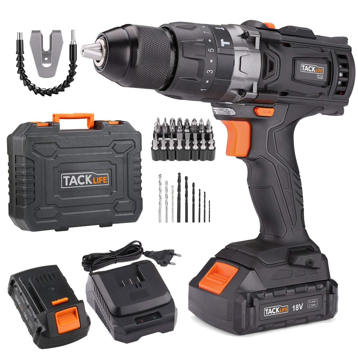 Cordless Drill, TACKLIFE 18v Electric Drill with Hammer, 2pcs 2.0A LiIon Batteries, 13mm Chuck