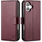 BoxCastle Compatible with iPhone 16 Genuine Leather Case Wallet with Card Holder,Women Men Real Leather Flip Folio RFID Blocking Credit Card Slots Kickstand Phone Cover,for Apple 16 6.1",Wine Red