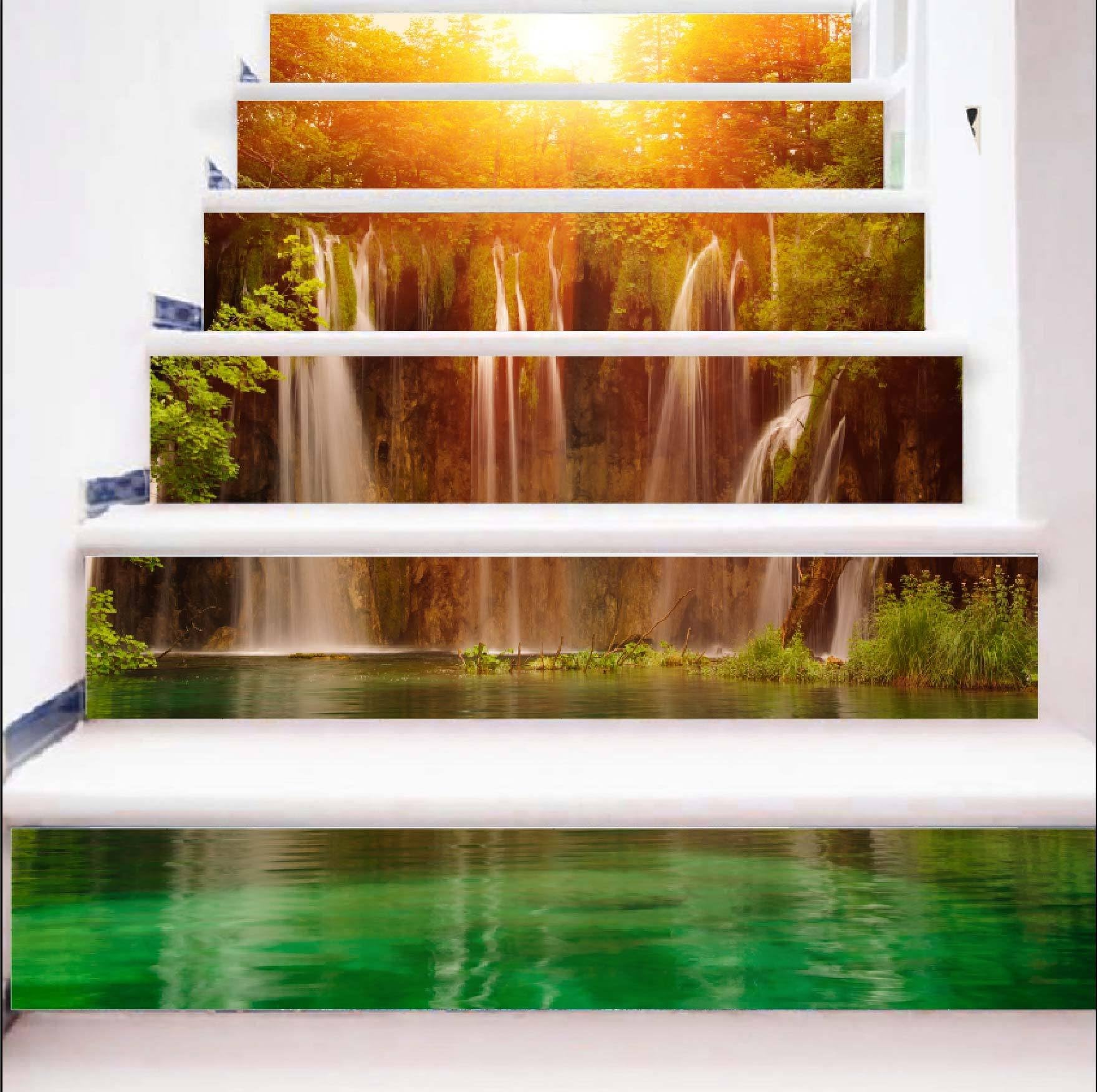 GYSLH 3D Creative Refurbished Stair Stickers Decals Self-Adhesive Removable Waterproof Stairs Corridor Mural for Home Walls Kitchen Bathroom 100CMx18CM (39.3" w x 7" h) 6PCS (Sun Waterfall)