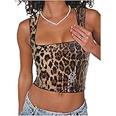 SOLY HUX Women's Cheetah Sequin Tank Top Square Neck Leopard Sleeveless Y2k Crop Tops