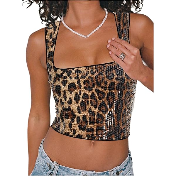 RoseSeek Women's Leopard Sequin Square Neck Tank Top Sleeveless
