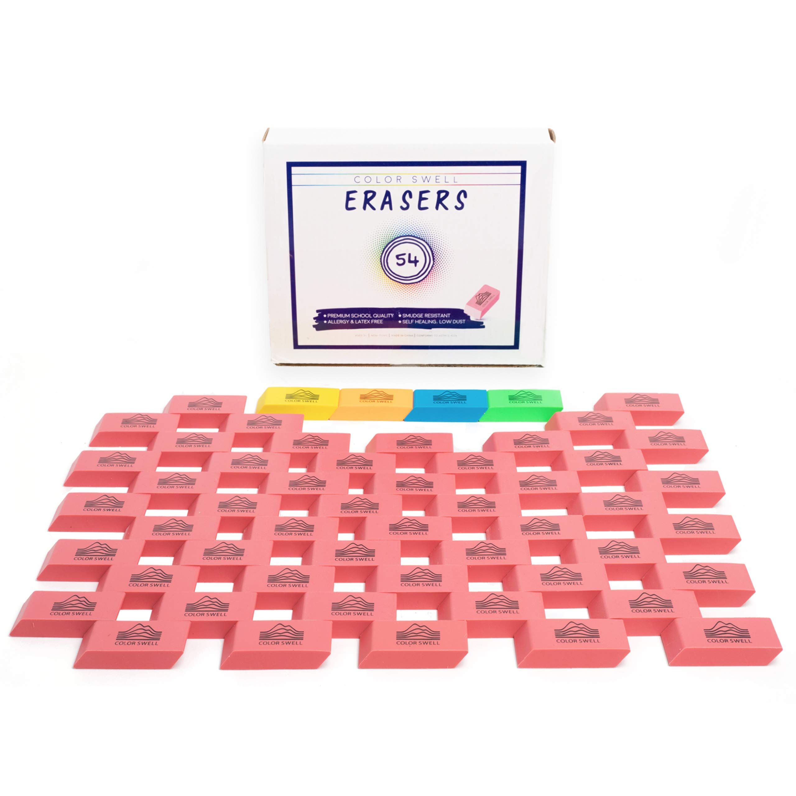 Color Swell Bulk Erasers - 54 Pack of Neon and Pink Erasers - Perfect for Offices, Schools, Kids, Adults, Students, Families, and Donations