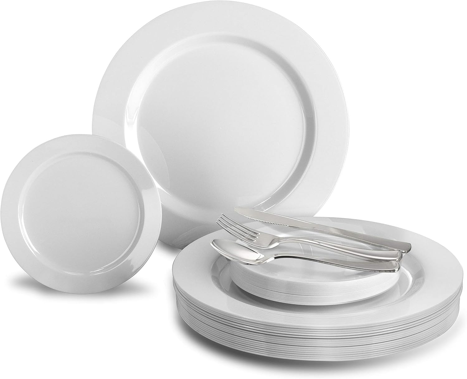 " OCCASIONS" 50 Plates Pack (25 Guests)-Heavyweight Wedding Party Disposable Plastic Plate Set -25 x 10.5'' Dinner + 25 x 7.5'' Salad/Dessert plates (Plain White): Kitchen & Dining