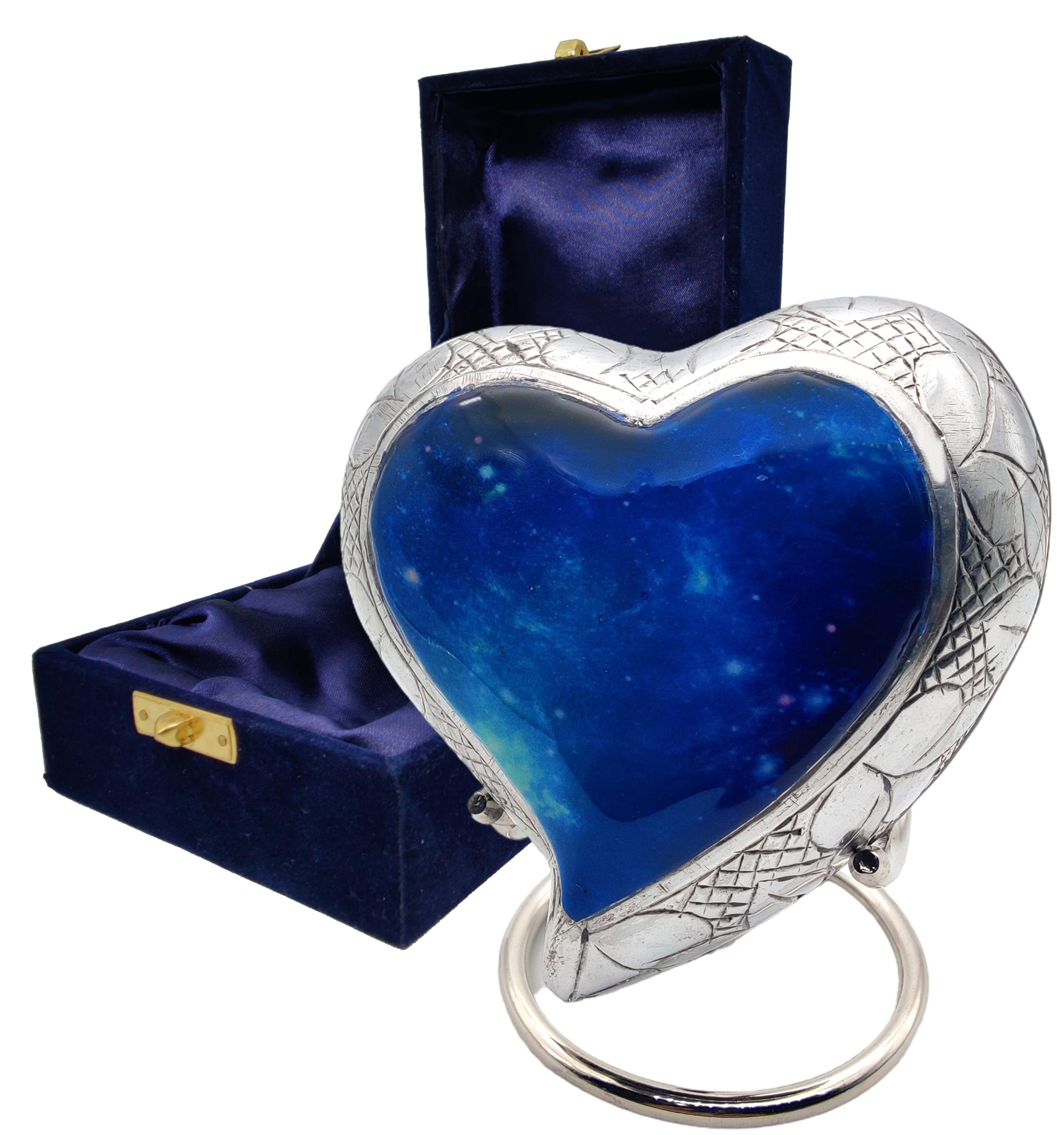 Photo 1 of Galaxy Heart Urns for Human Ashes, Funeral Cremation Urn Blue Starry Sky Color with Velvet Box