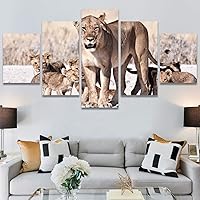 SIGNWIN 5 Panel Canvas Wall Art Modern Art Animals Dramatic Giraffe Lion Multicolor Photography Southwest for Home Decorations Ready to Hang - 60