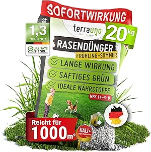 TerraUno Rasendünger Frühjahr/Sommer I Sofortwirkung für saftiges grün I 20 kg für 1000 m² I gesunder Rasen verdrängt Moos und Unkraut I NPK Dünger Rasen I Gegen Trockenstress I Für den Streuwagen
