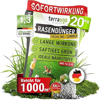 TerraUno Rasendünger Frühjahr/Sommer I Sofortwirkung für saftiges grün I 20 kg für 1000 m² I gesunder Rasen verdrängt Moos und Unkraut I NPK Dünger Rasen I Gegen Trockenstress I Für den Streuwagen