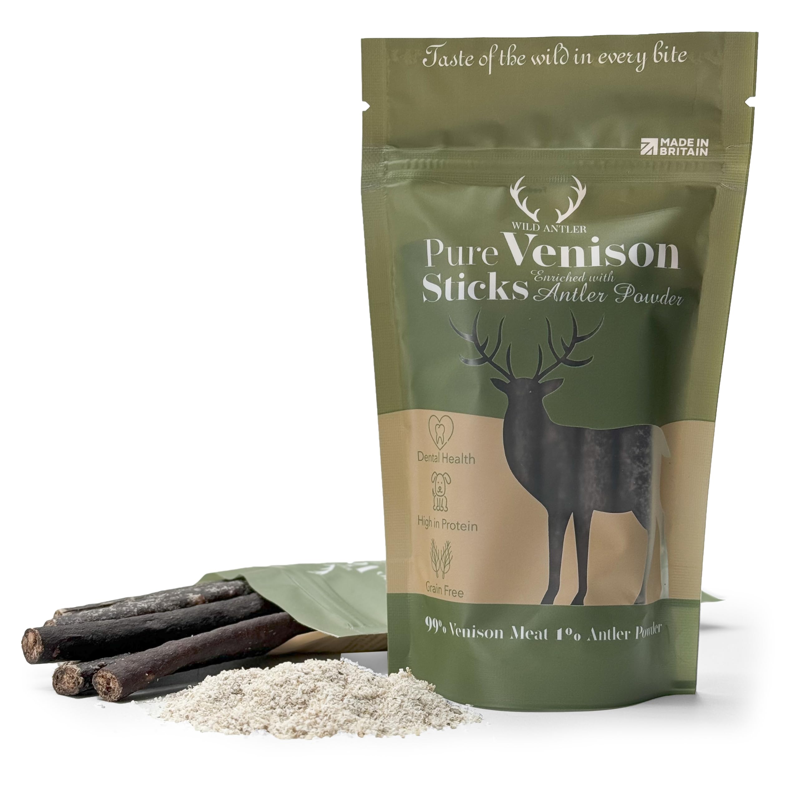 Wild Antler Pure Venison Sticks with Antler Powder | 99% Venison Meat & 1% Antler Powder | High Protein Hypoallergenic Dog Treats | Grain Free, Natural & Long Lasting Chews | Healthy Dental Support